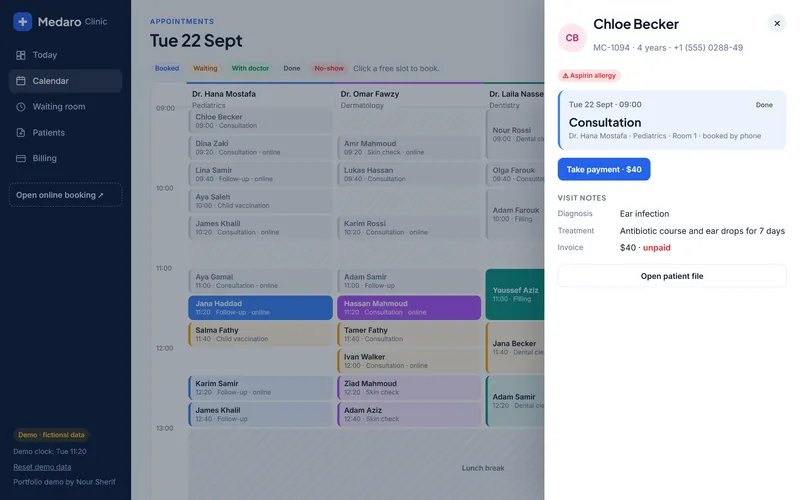 Clinic system: appointments, patient files & online booking, screen 3