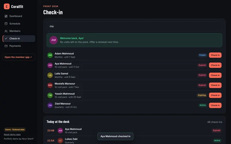 Gym system: classes, memberships & check-in, screen 4